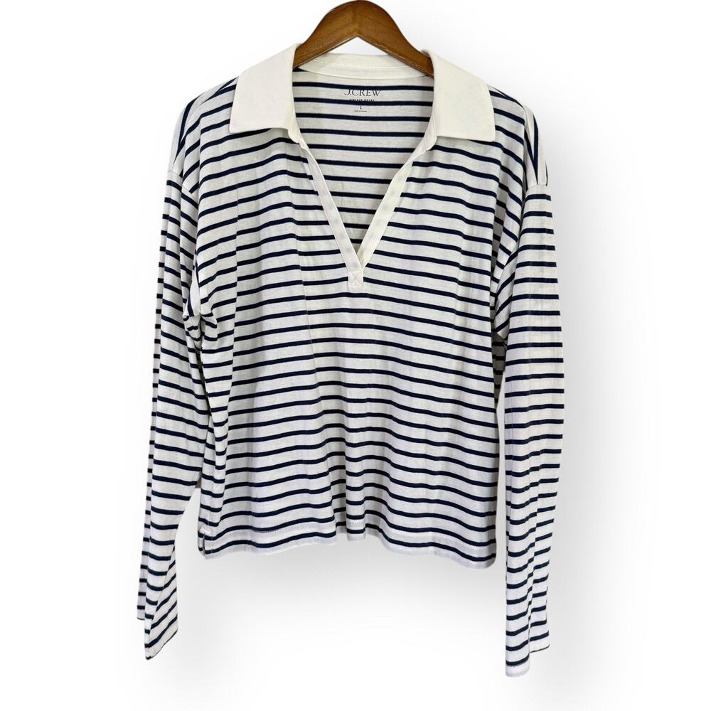 J. Crew Vintage Jersey Johnny-Collar Shirt Navy White Stripe Womens Size Large